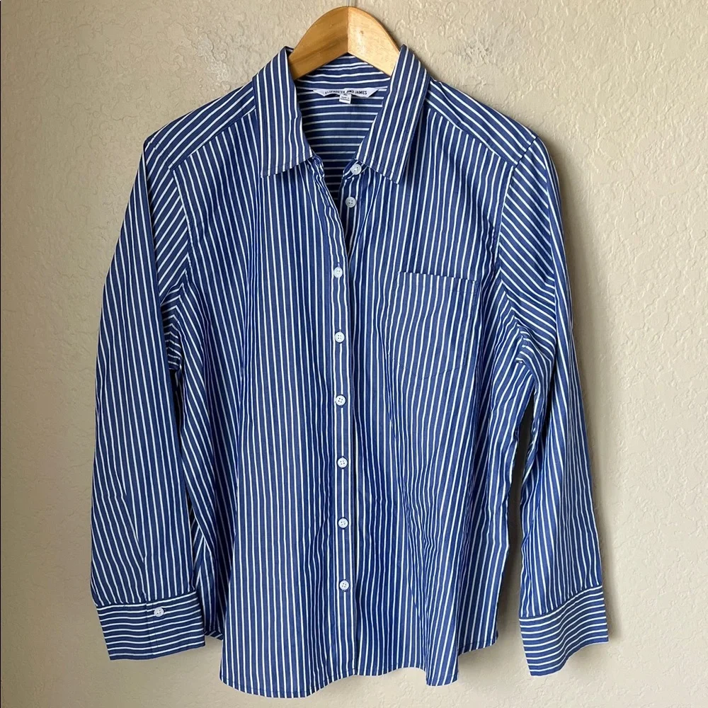 Elizabeth and James blue and white striped cotton button down top - Picture 2 of 8